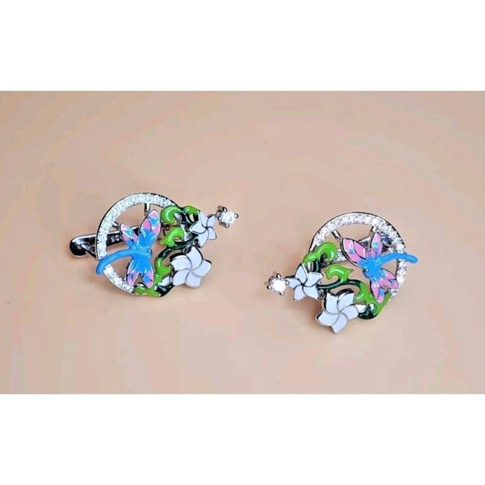 925 Stamped Silver Dragonfly & Flower Enamel Inlay Earrings Floral FREE SHIPPING